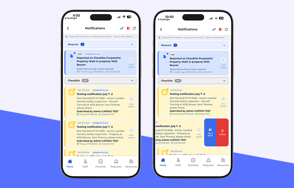 Notifications screen showing grouped alerts and swipe actions to mark read or delete