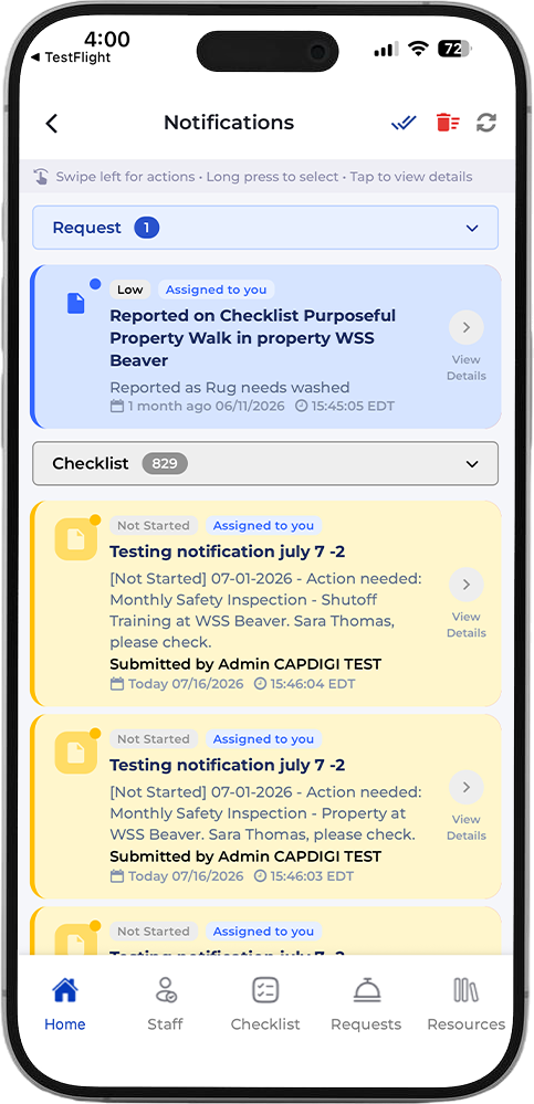 Notifications grouped by Request and Checklist, with detail on each item