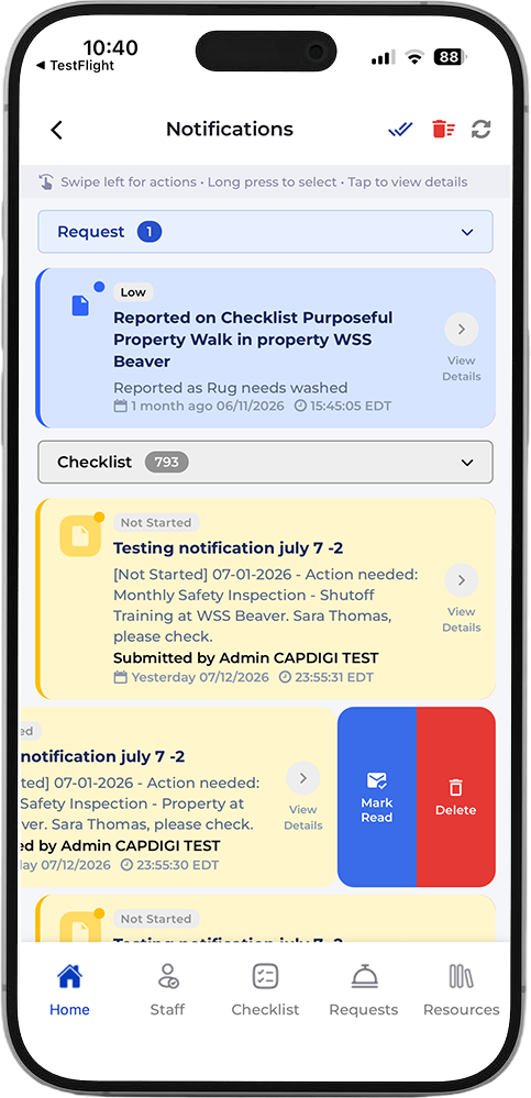 Notifications screen with swipe actions to mark read or delete