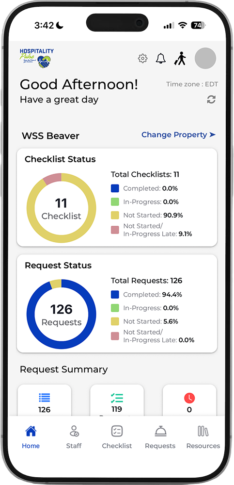Property dashboard showing live checklist status and request status summary