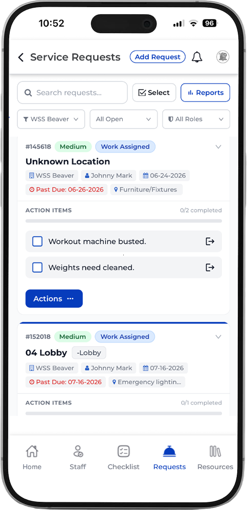 Service Requests list showing priority, status, and action items per request