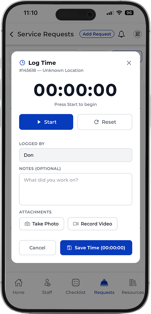 Log Time screen for tracking staff time against a request