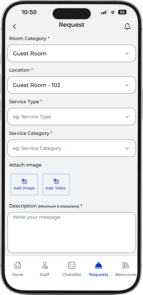 New Request form for room, location, service type, and photo or video attachment