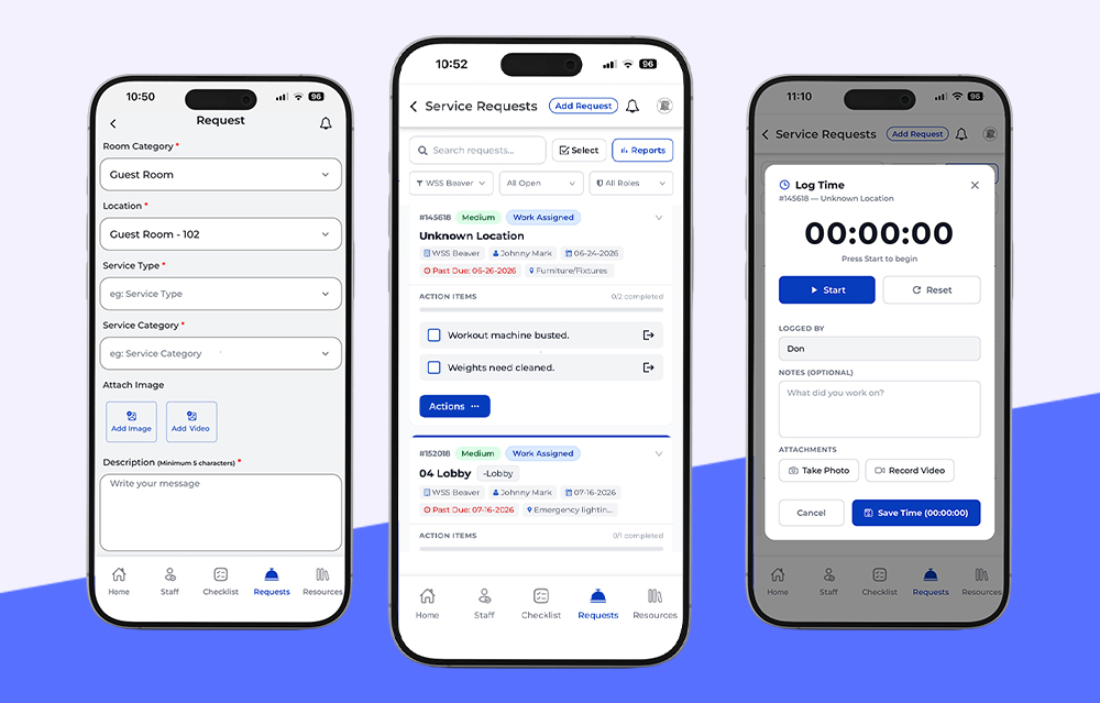 Service Requests list, New Request form, and Log Time screens in Hospitality Pulse